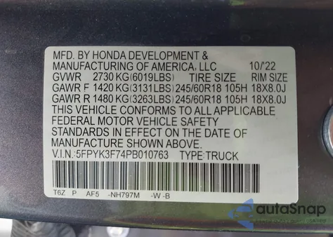 2023 Honda Ridgeline Rtl-E z USA, uszkodzony, nr VIN 5FPYK3F74PB010763